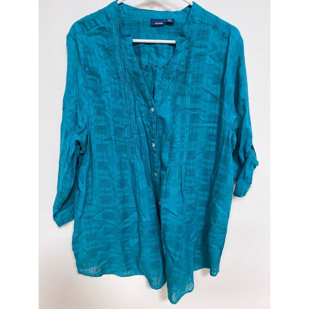 Basic Editions Teal Blue Pintuck Button Up Blouse Roll Tab Sleeve XL